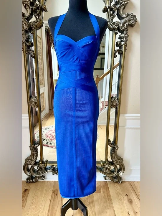 Fashion Nova Cobalt Blue Halter Midi Bandage Dress Size M - Picture 2 of 8